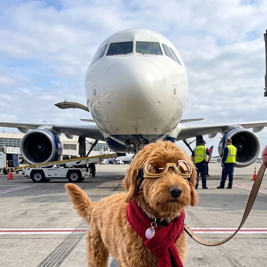 Captain Snickers, a Goldendoodle in brass aviator goggles and a red scarf, walking the tarmac in front of an airliner
